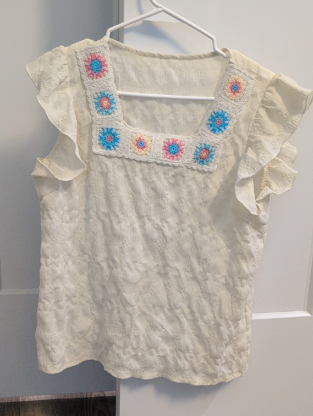 SHEIN Cream Square-Neck Flutter Sleeve Top with Blue & Pink Crochet Squares